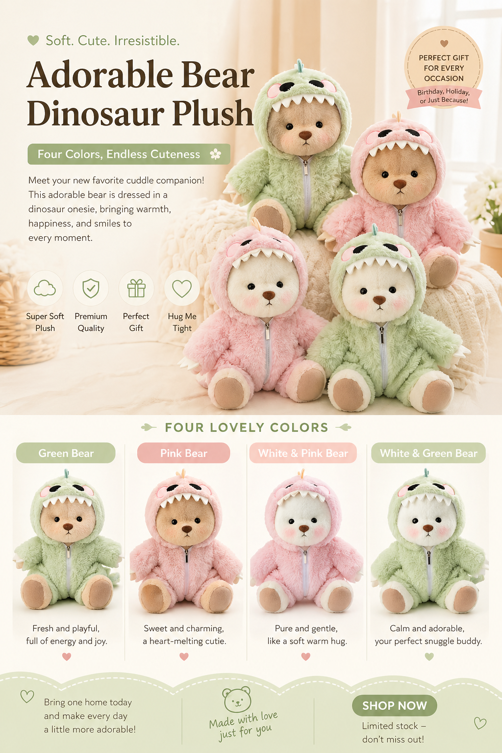 Plush Bear in Dinosaur Suit Stuffed Toy Set of 3 2