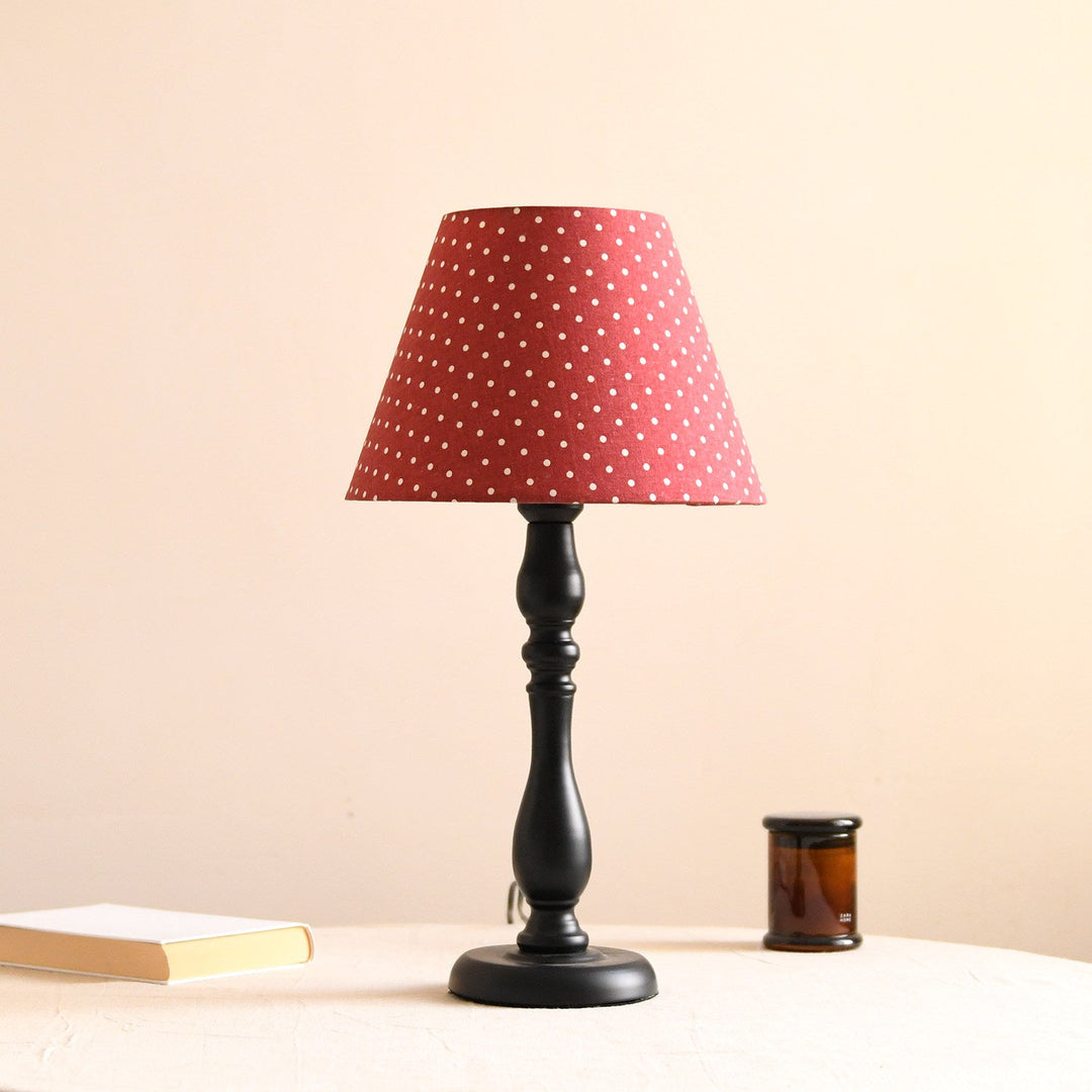 Printed Fabric Table Lamp Black Turned Base 20.5 in Set of 3 Vintage Red Polka Dot 1
