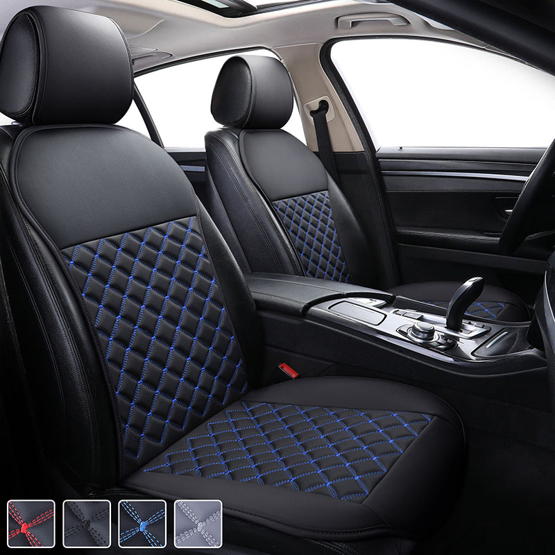 PU Leather Car Seat Cushion with Non Slip Backing Black with Blue Stitching 1