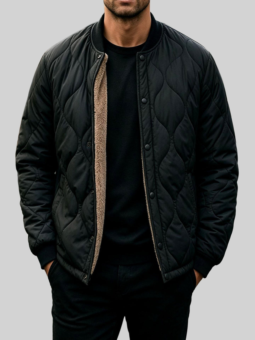 Quilted Bomber Jacket Snap Button Front Black 1
