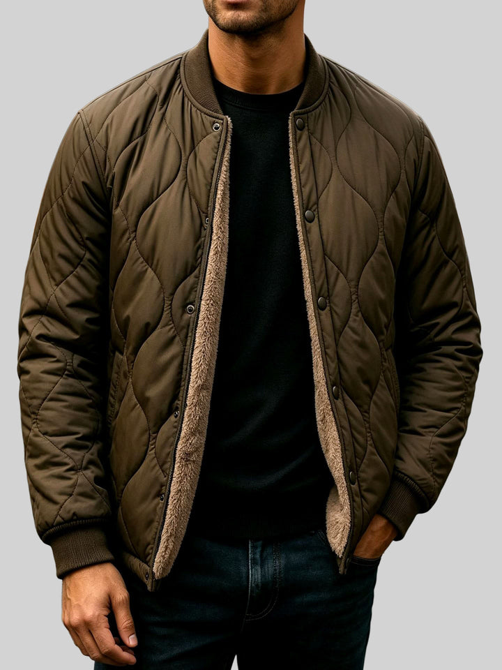 Quilted Bomber Jacket Snap Button Front Brown 1