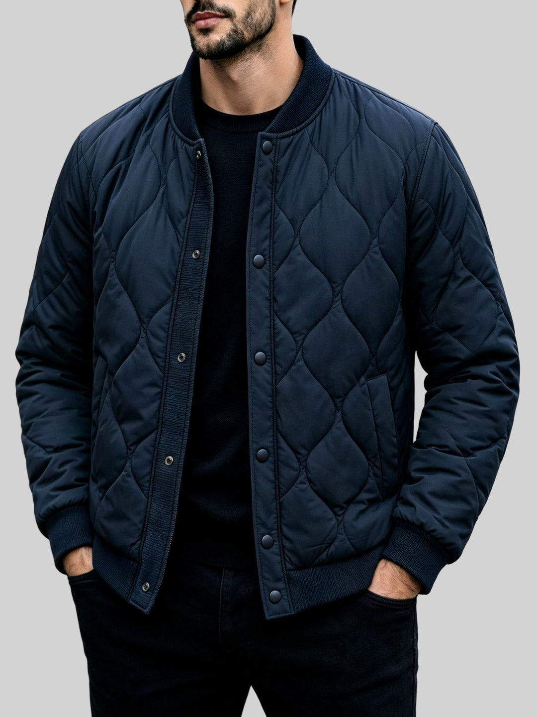 Quilted Bomber Jacket Snap Button Front Navy Blue 1