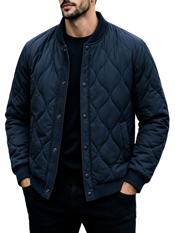 Quilted Bomber Jacket Snap Button Front on white