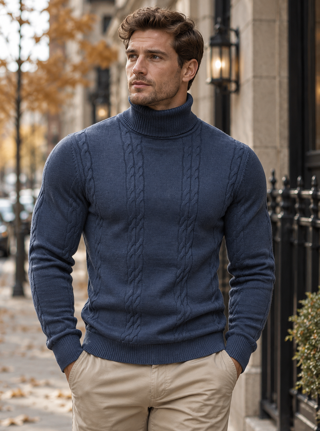 Regular Fit Cable Knit Turtleneck Sweater Blue 2