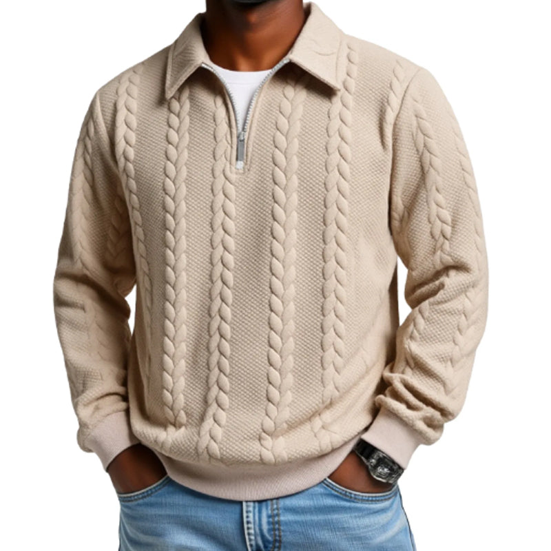 Regular Fit Cable Texture Half Zip Collared Sweater Beige 2