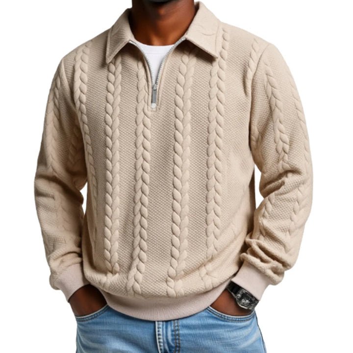 Regular Fit Cable Texture Half Zip Collared Sweater Beige 2