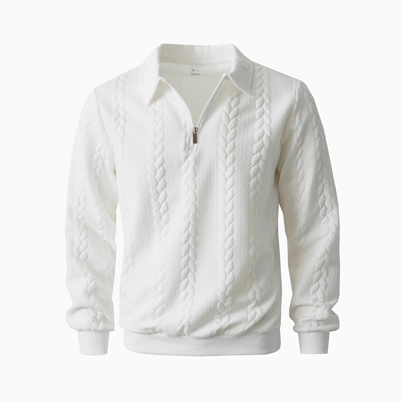 Regular Fit Cable Texture Half Zip Collared Sweater White 1