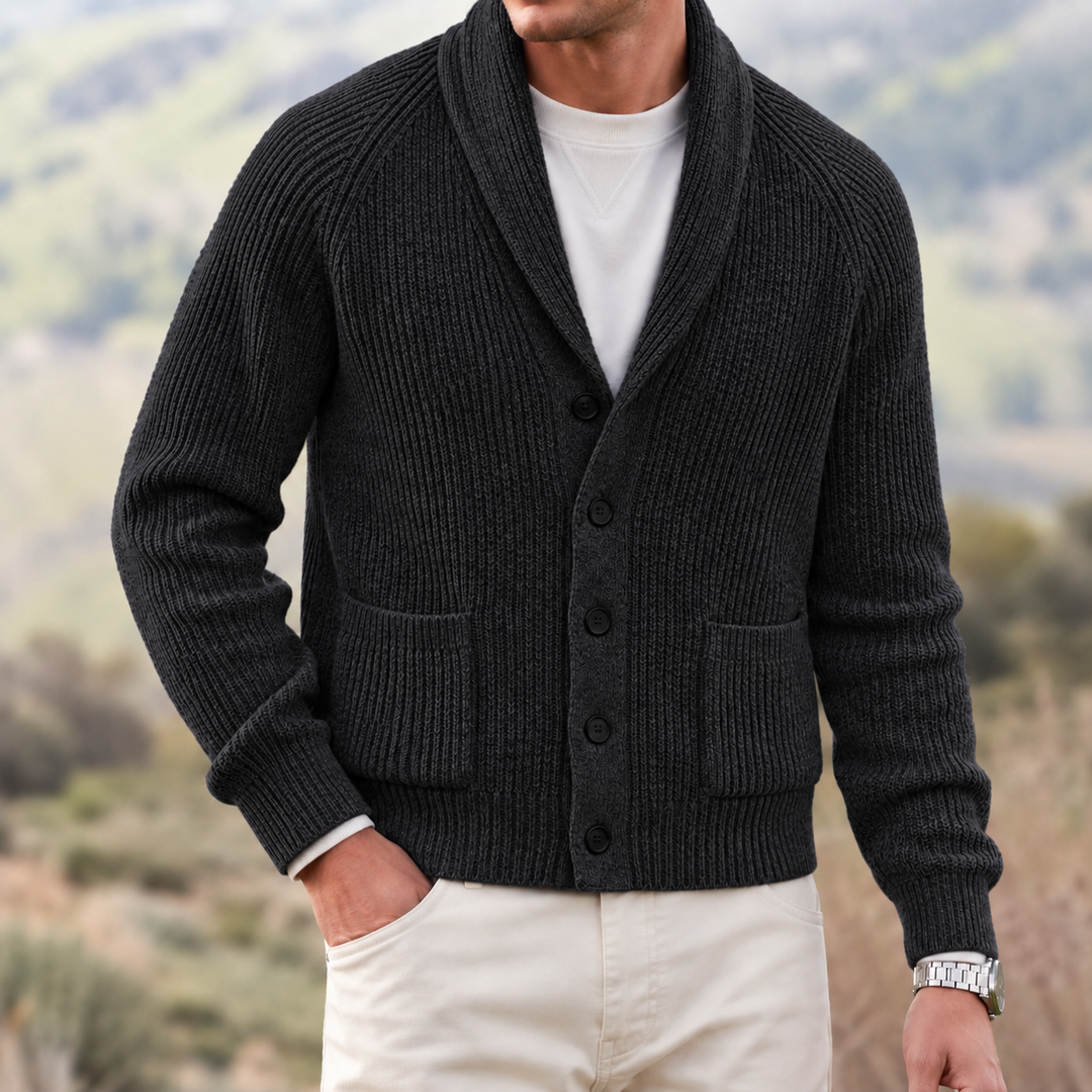 Regular Fit Chunky Knit Shawl Collar Cardigan Black 1