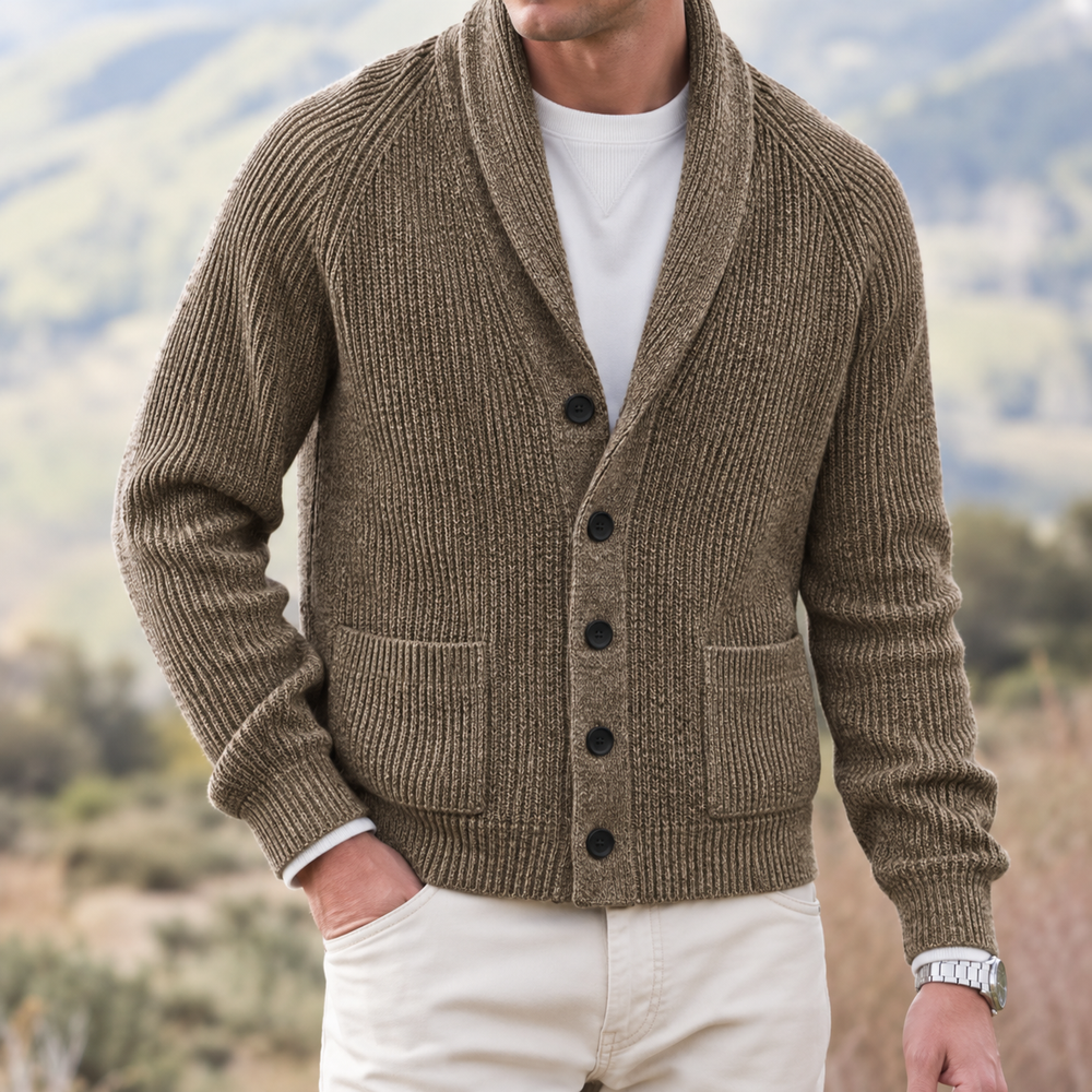 Regular Fit Chunky Knit Shawl Collar Cardigan Brown 1