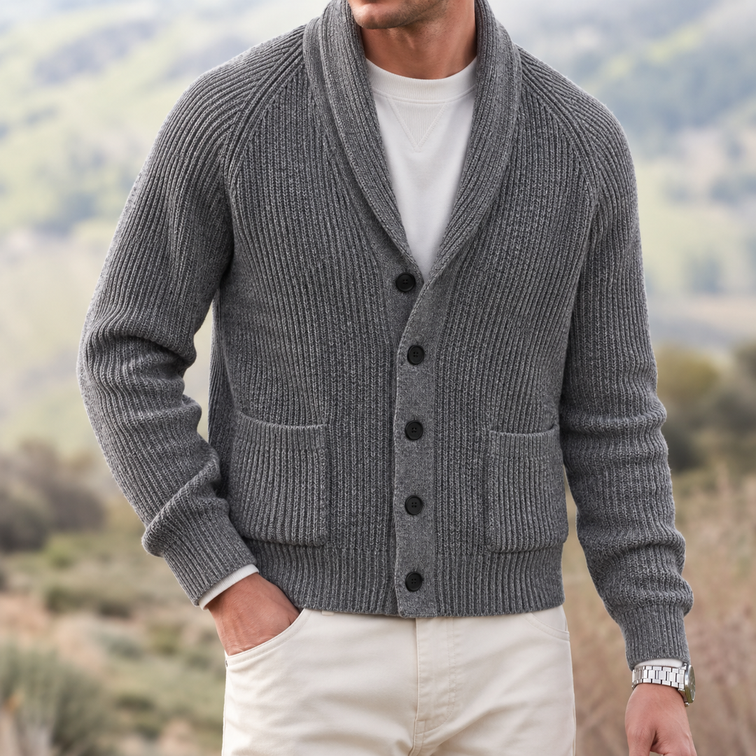 Regular Fit Chunky Knit Shawl Collar Cardigan Gray 1