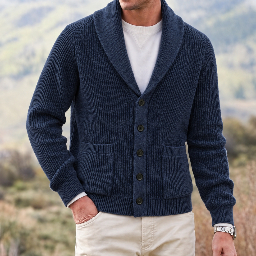 Regular Fit Chunky Knit Shawl Collar Cardigan Navy 1