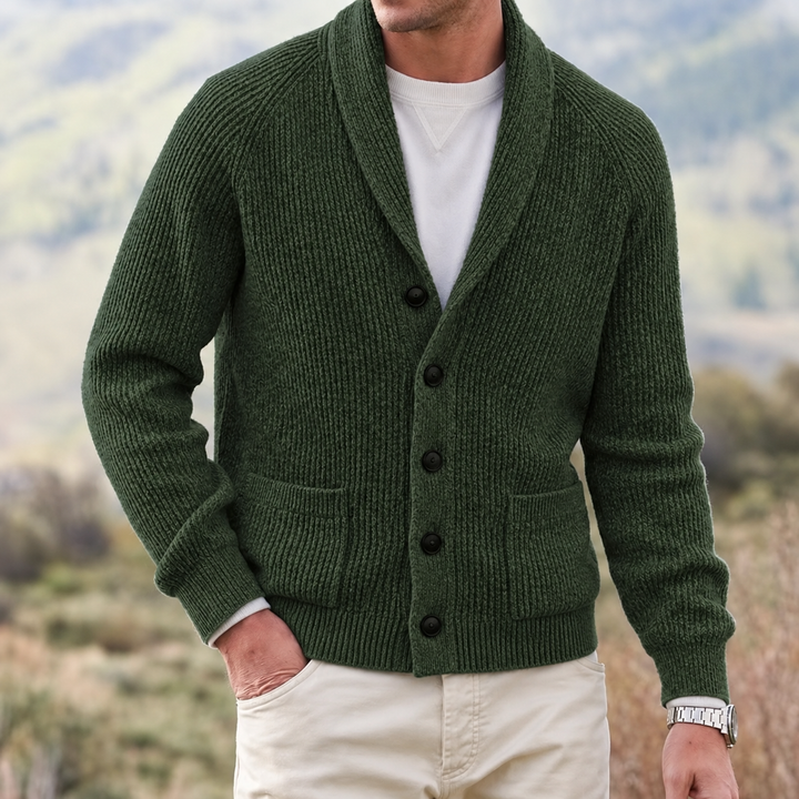 Regular Fit Chunky Knit Shawl Collar Cardigan Olive 1