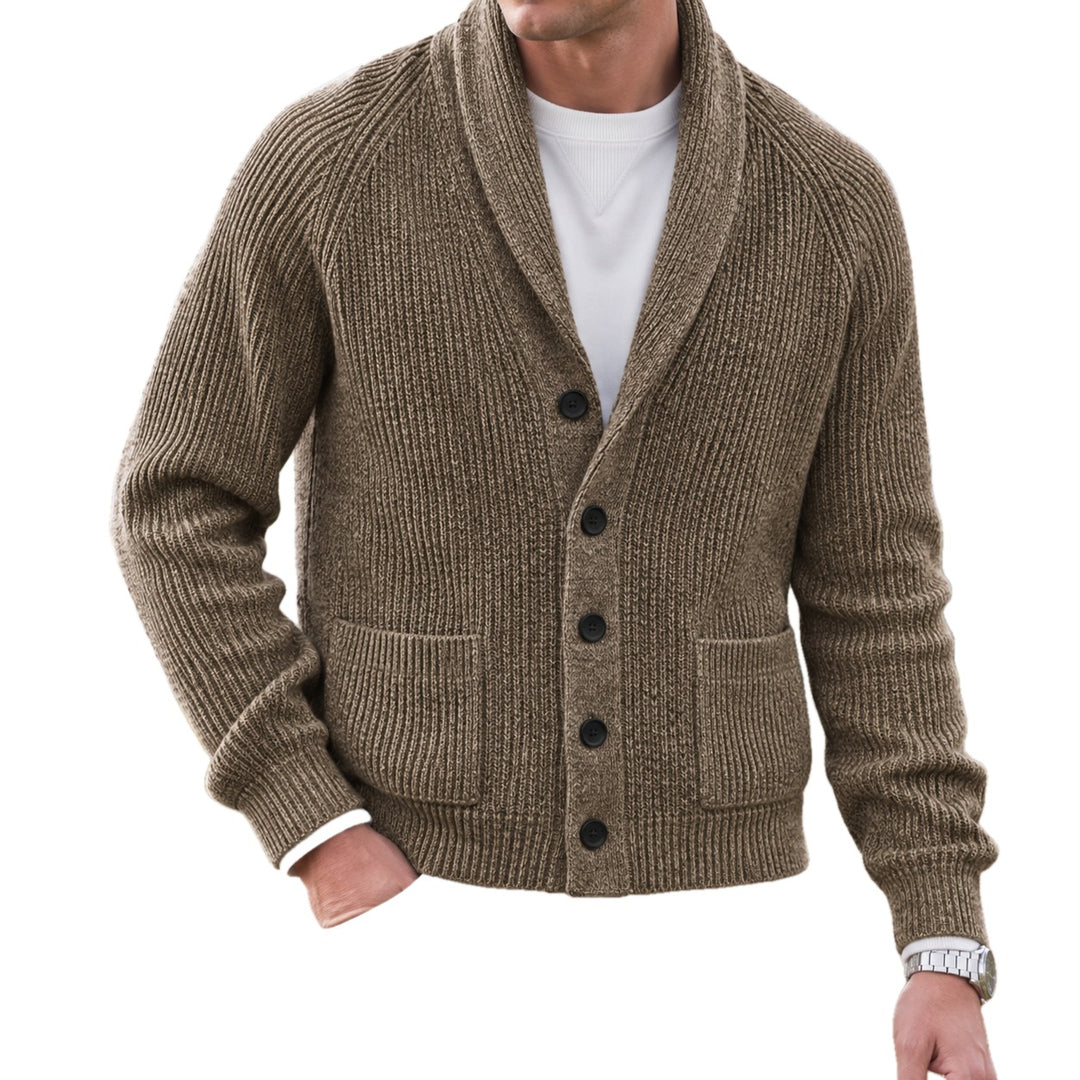 Regular Fit Chunky Knit Shawl Collar Cardigan on white