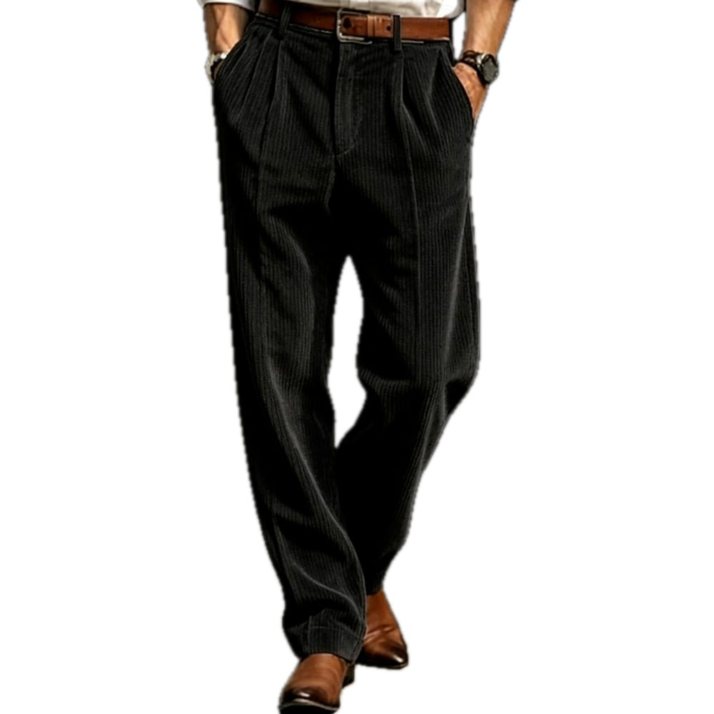 Regular Fit Corduroy Pleated Straight Leg Pants Black 1