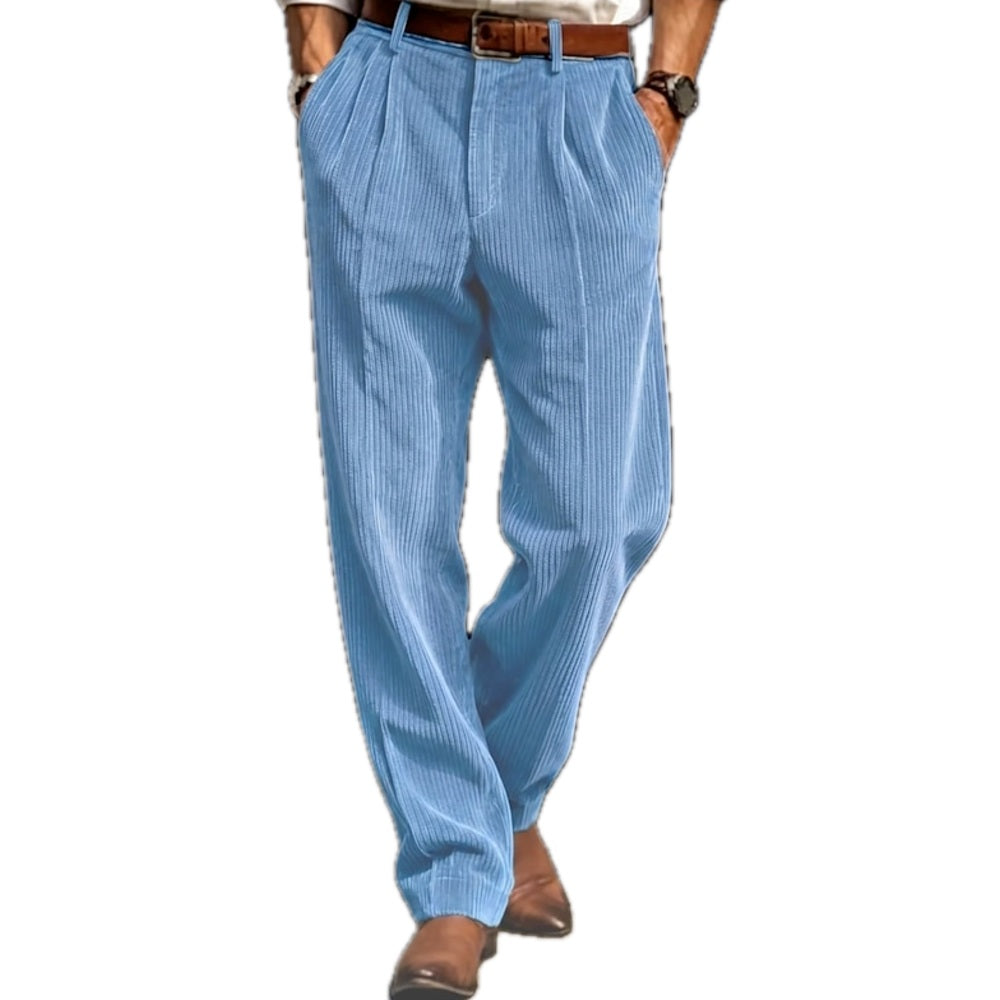 Regular Fit Corduroy Pleated Straight Leg Pants Blue 1