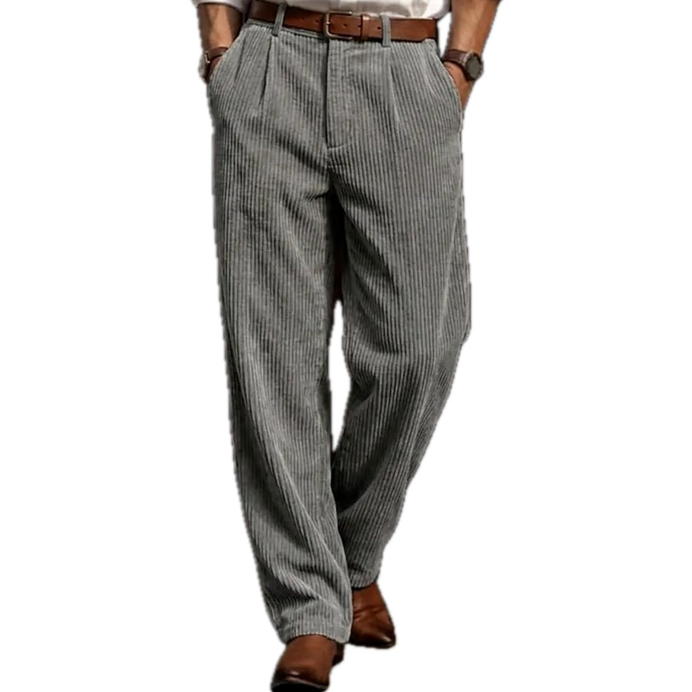 Regular Fit Corduroy Pleated Straight Leg Pants Gray 1