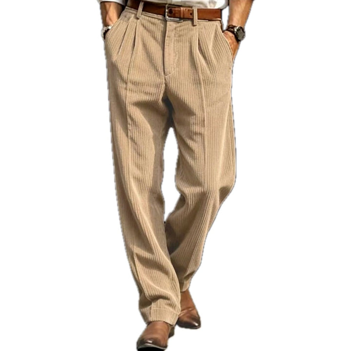 Regular Fit Corduroy Pleated Straight Leg Pants Khaki 1