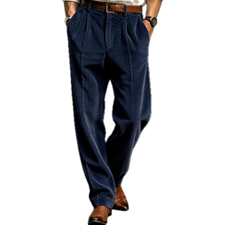Regular Fit Corduroy Pleated Straight Leg Pants Navy 1