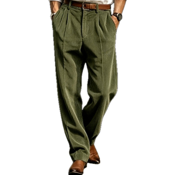 Regular Fit Corduroy Pleated Straight Leg Pants Olive 1