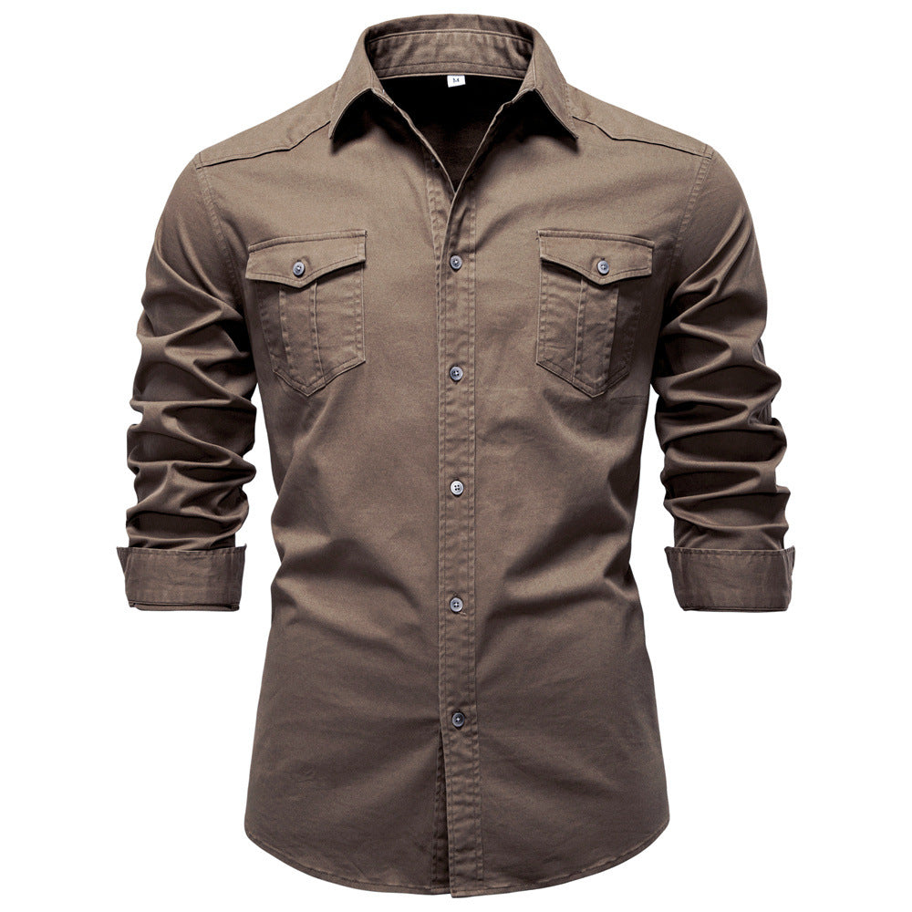 Regular Fit Cotton Blend Two Pocket Button Up Shirt Brown 1