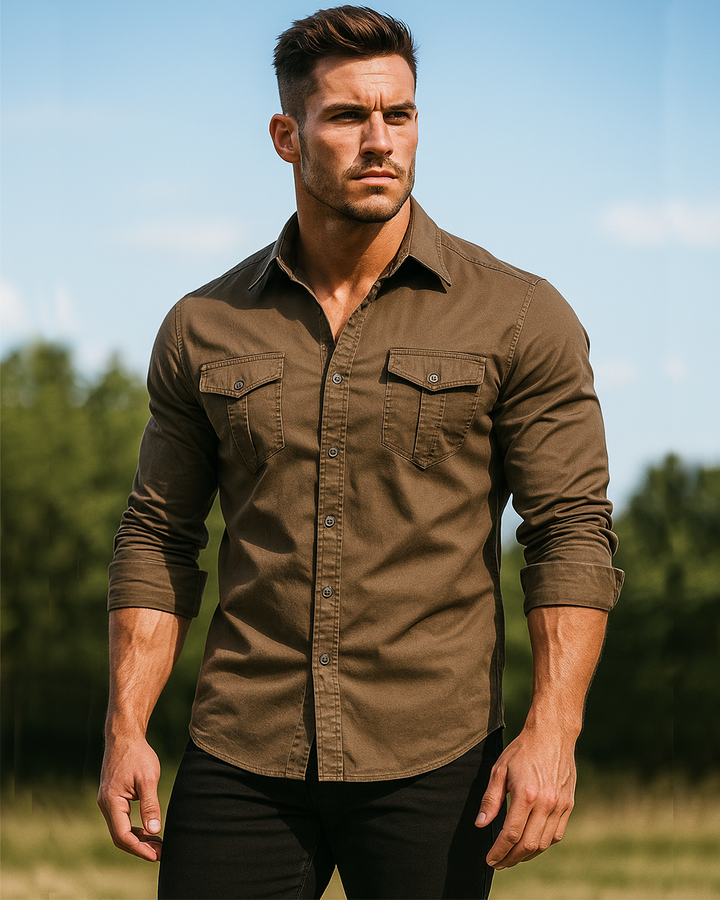 Regular Fit Cotton Blend Two Pocket Button Up Shirt Brown 2