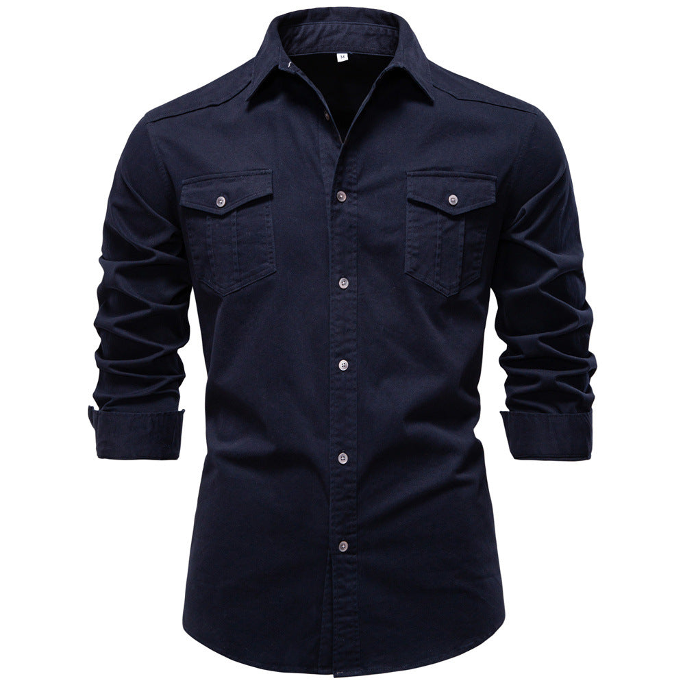 Regular Fit Cotton Blend Two Pocket Button Up Shirt Navy Blue 1