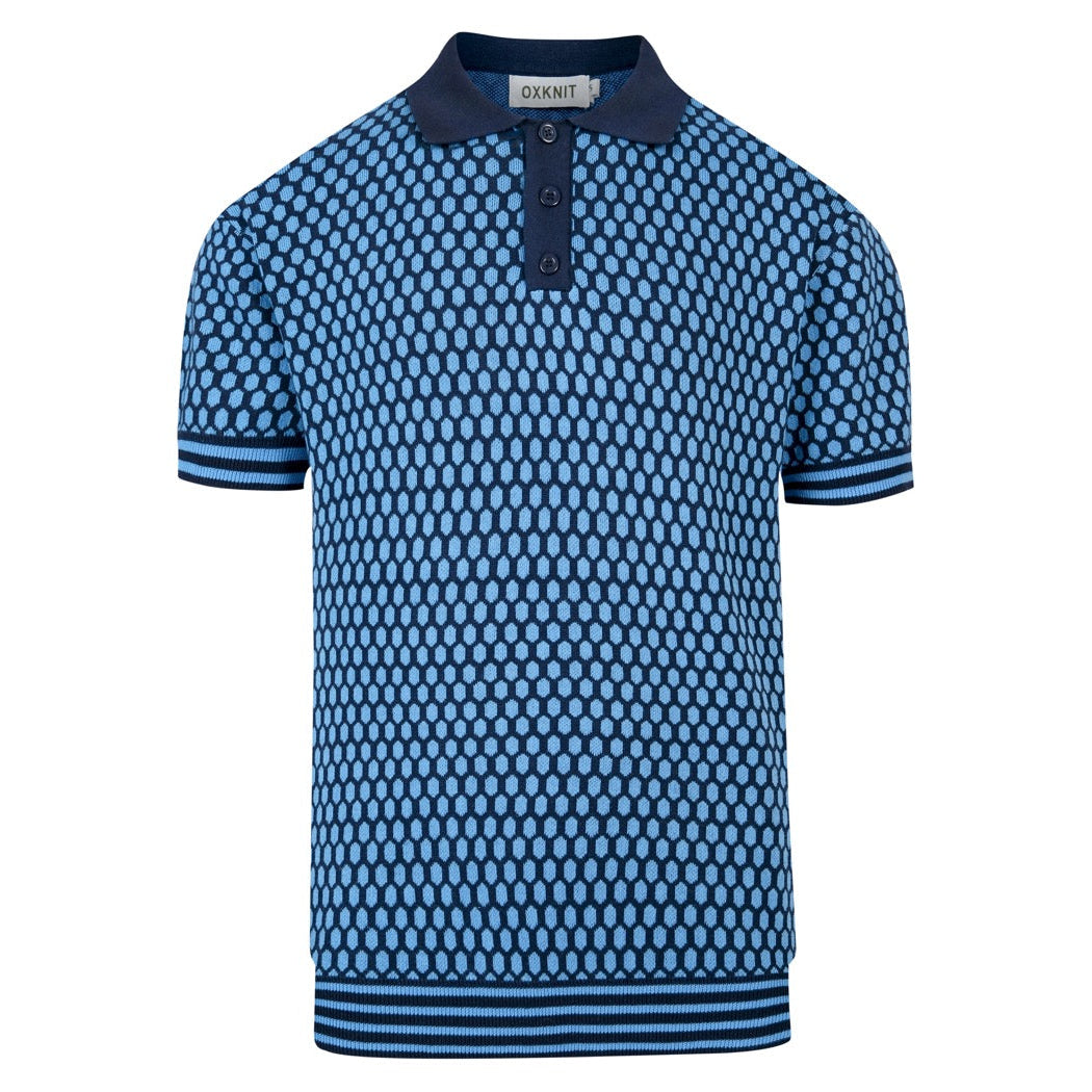Regular Fit Cotton Honeycomb Jacquard Knit Polo Set of 3 Blue 1