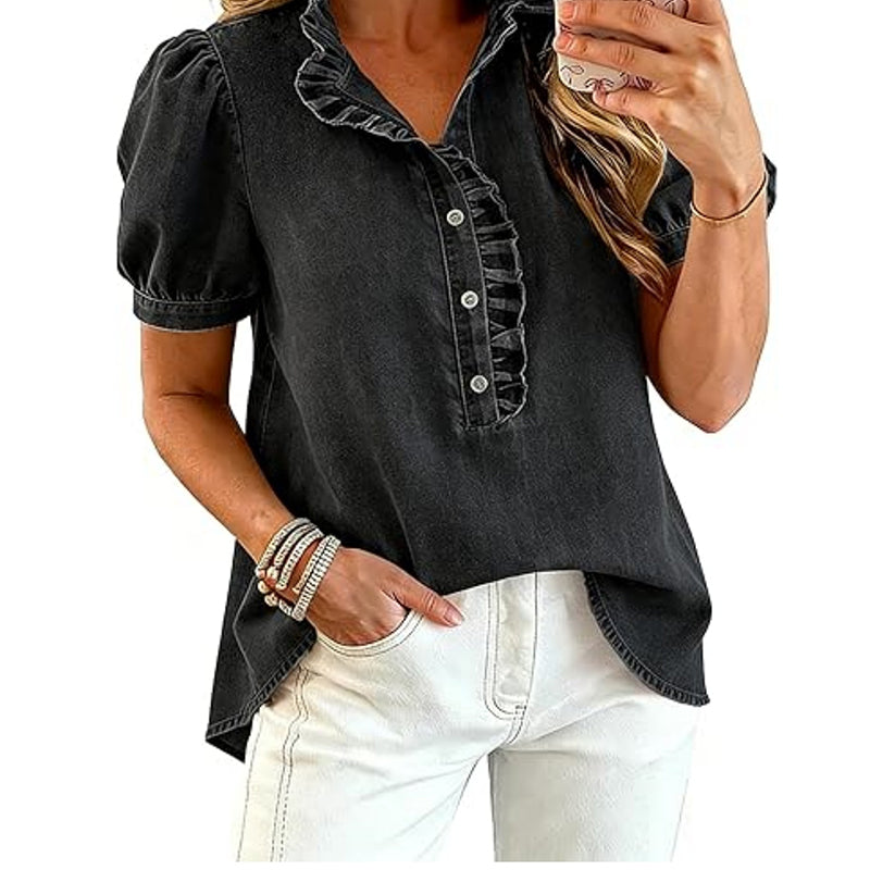 Regular Fit Denim Top Ruffled V Neck Puff Sleeve Black 1
