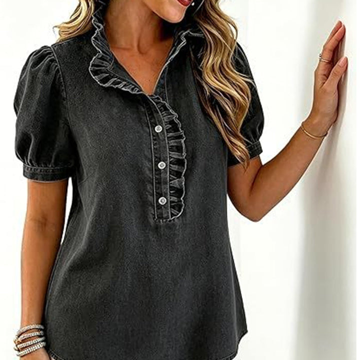 Regular Fit Denim Top Ruffled V Neck Puff Sleeve Black 2