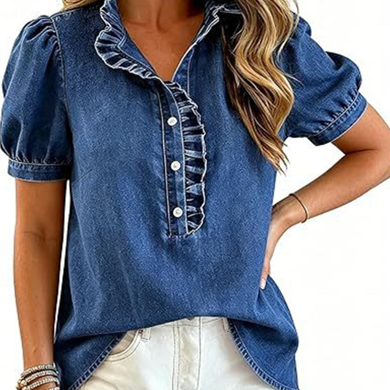 Regular Fit Denim Top Ruffled V Neck Puff Sleeve Dark Blue 1