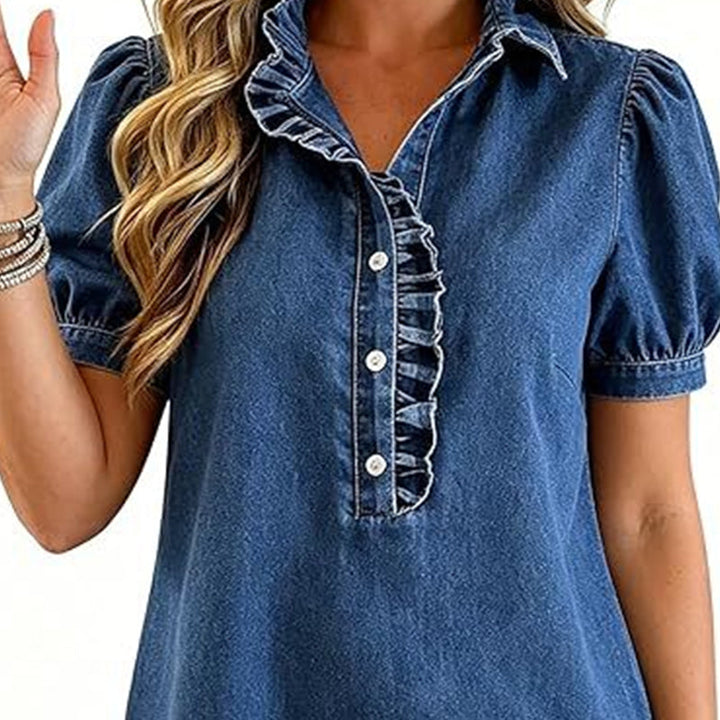 Regular Fit Denim Top Ruffled V Neck Puff Sleeve Dark Blue 2