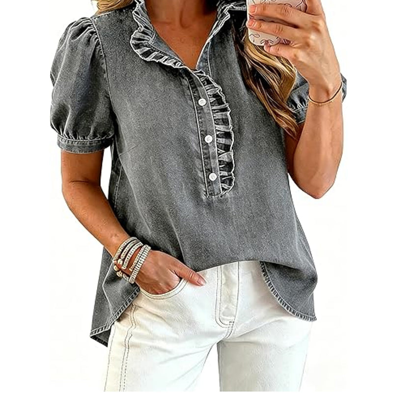 Regular Fit Denim Top Ruffled V Neck Puff Sleeve Gray 1