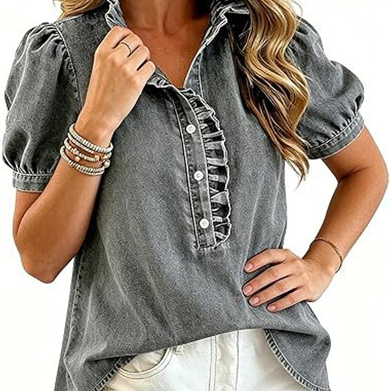 Regular Fit Denim Top Ruffled V Neck Puff Sleeve Gray 2