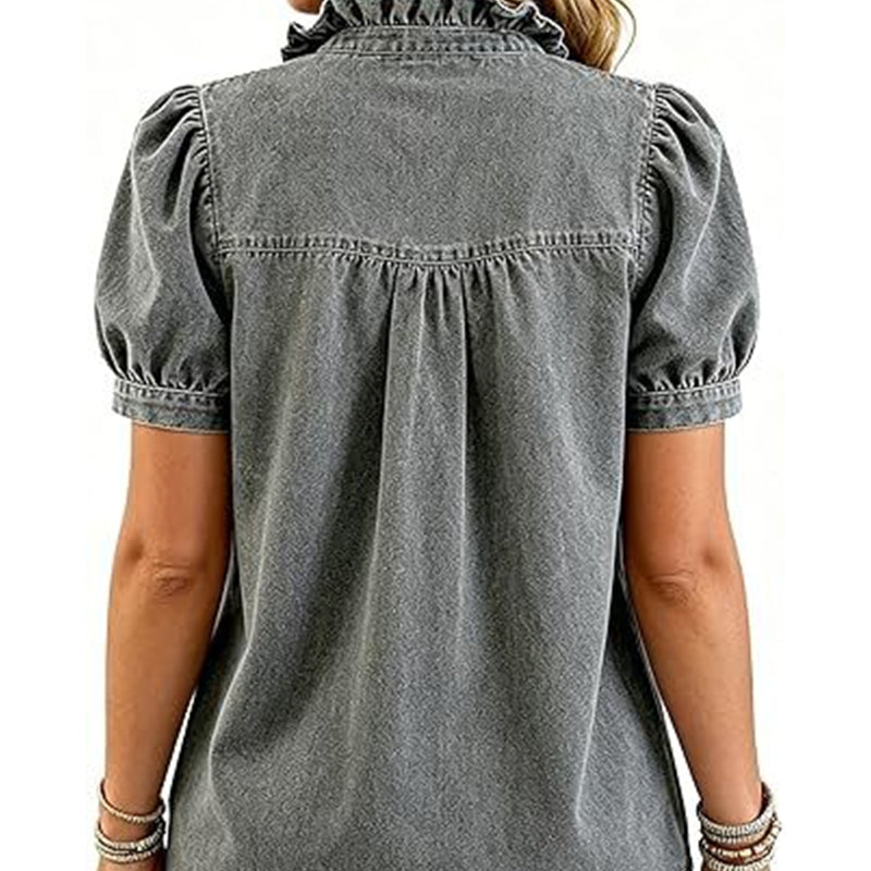 Regular Fit Denim Top Ruffled V Neck Puff Sleeve Gray 3