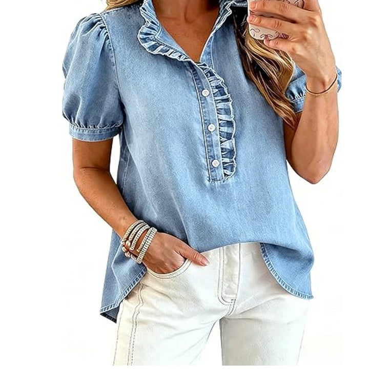 Regular Fit Denim Top Ruffled V Neck Puff Sleeve Light Blue 1