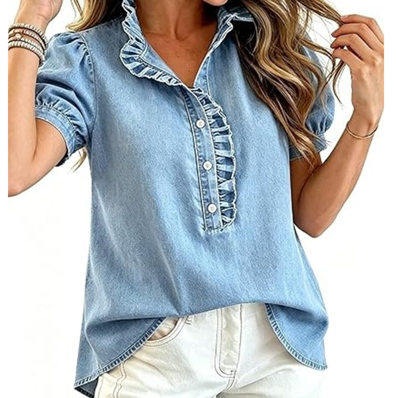 Regular Fit Denim Top Ruffled V Neck Puff Sleeve Light Blue 2