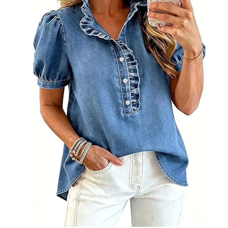 Regular Fit Denim Top Ruffled V Neck Puff Sleeve Medium Blue 1