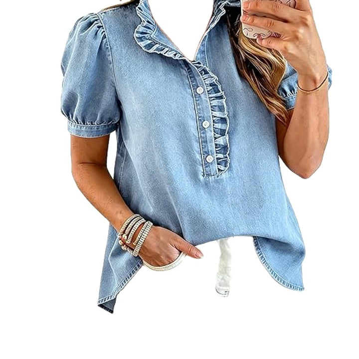 Regular Fit Denim Top Ruffled V Neck Puff Sleeve on white