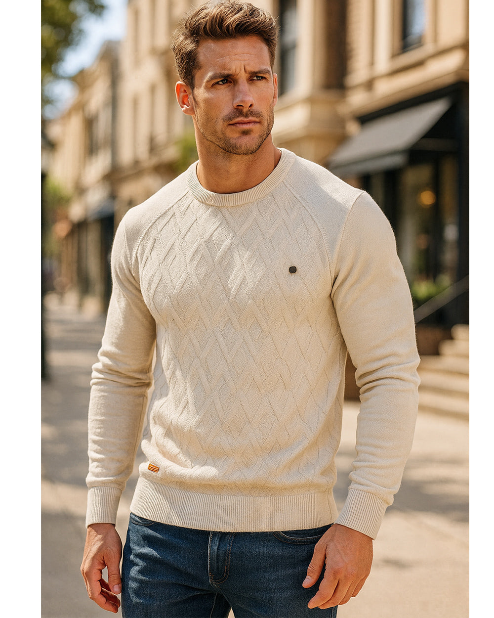 Regular Fit Diamond Knit Crew Neck Sweater Set of 2 Beige 2