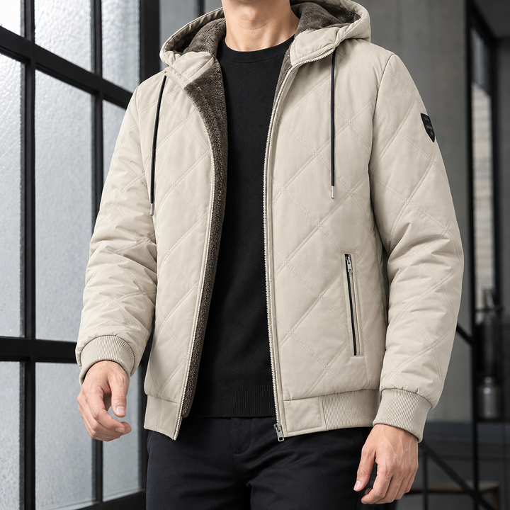 Regular Fit Diamond Quilted Fleece Lined Hooded Jacket Beige 1