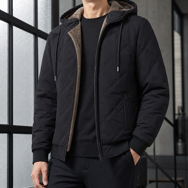 Regular Fit Diamond Quilted Fleece Lined Hooded Jacket Black 1