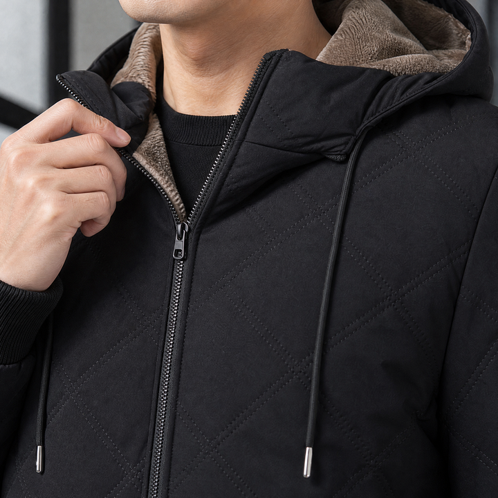 Regular Fit Diamond Quilted Fleece Lined Hooded Jacket Black 2