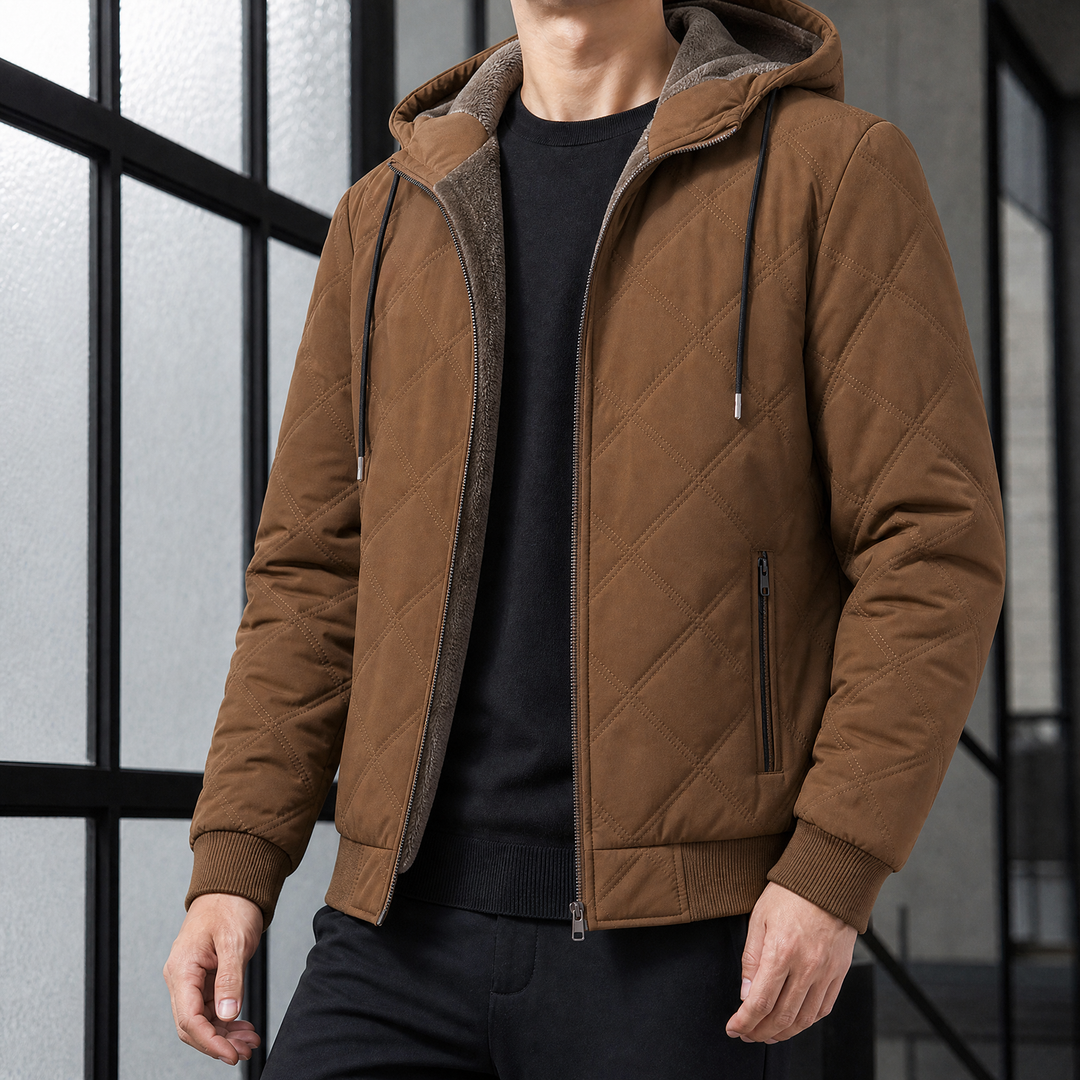 Regular Fit Diamond Quilted Fleece Lined Hooded Jacket Brown 1