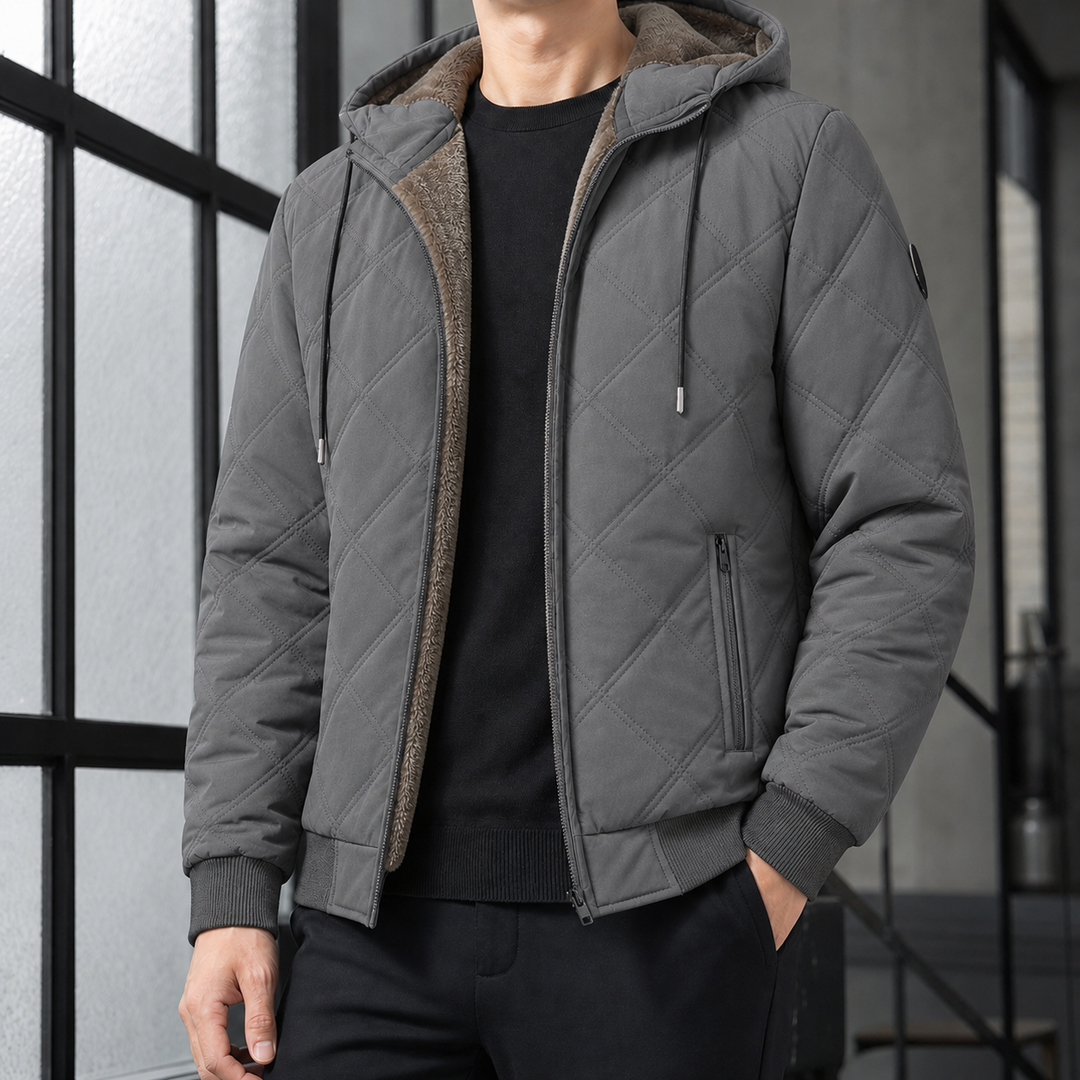 Regular Fit Diamond Quilted Fleece Lined Hooded Jacket Gray 1