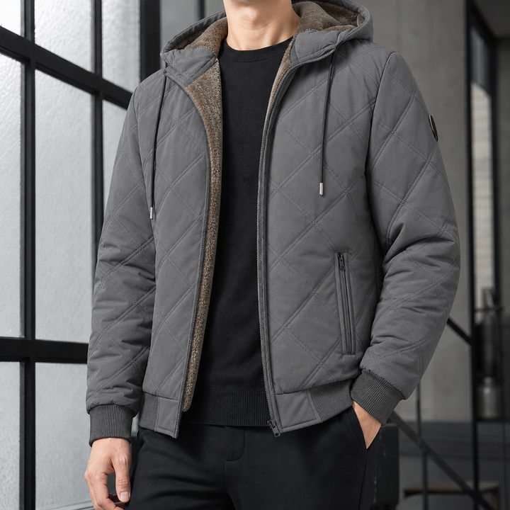 Regular Fit Diamond Quilted Fleece Lined Hooded Jacket Gray 1