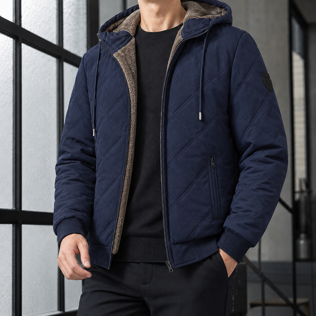 Regular Fit Diamond Quilted Fleece Lined Hooded Jacket Navy 1