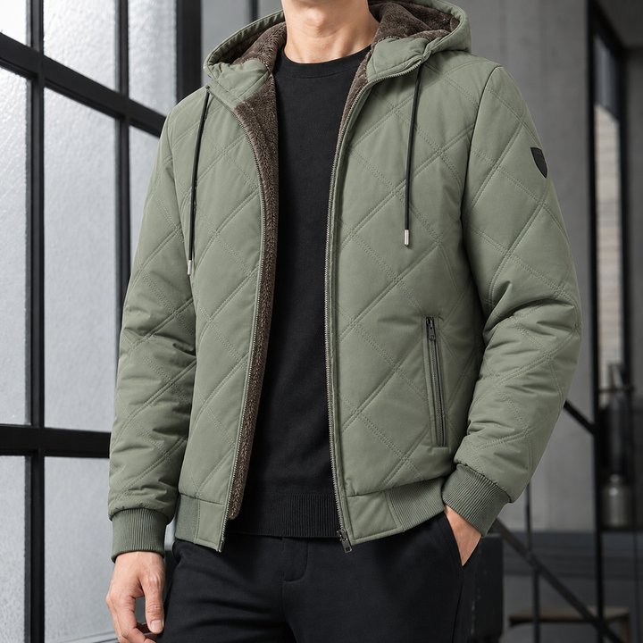 Regular Fit Diamond Quilted Fleece Lined Hooded Jacket Sage Green 1