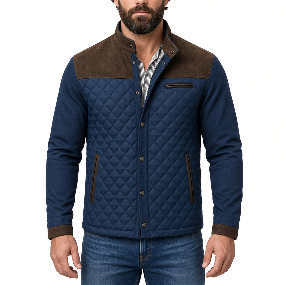 Regular Fit Diamond Quilted Patchwork Jacket Navy Brown 1