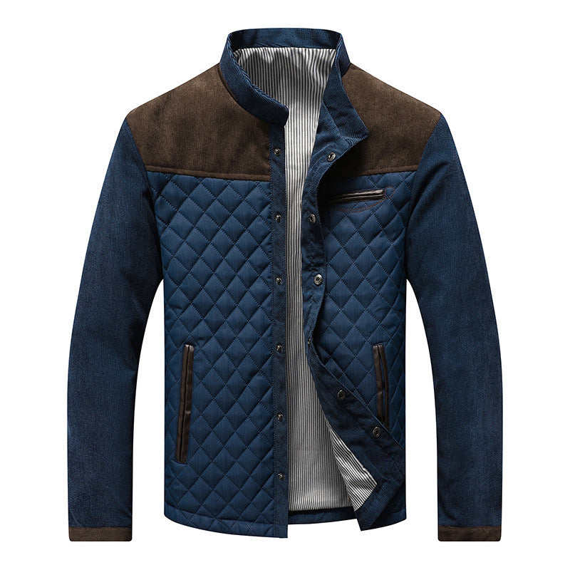 Regular Fit Diamond Quilted Patchwork Jacket Navy Brown 2