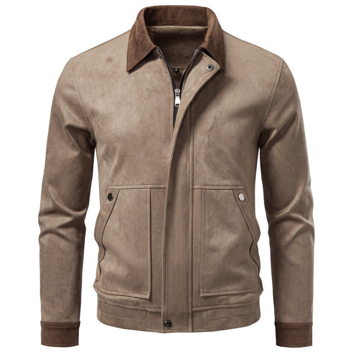 Regular Fit Faux Suede Zip Jacket Spread Collar Taupe 1